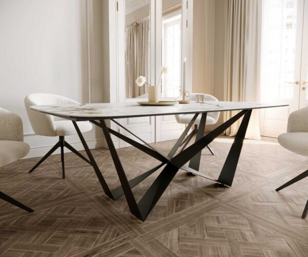 Jedálenský stôl Edge oválny 200x100 keramický Calacatta Luxe bielo-zlato-šedý krížový podstavec plochý čierny - Image 6