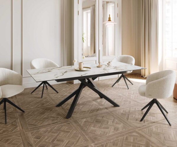 Jedálenský stôl Edge 180-220x100 keramický Calacatta Luxe bielo-zlato-šedý krížová podstava štvorcová čierna skladacia - Image 8