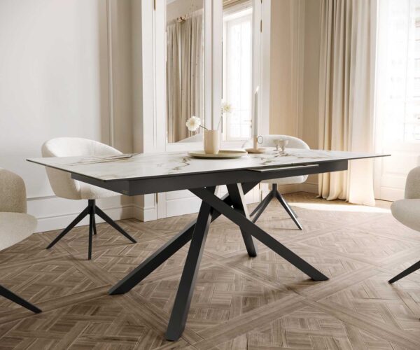 Jedálenský stôl Edge 180-220x100 keramický Calacatta Luxe bielo-zlato-šedý krížová podstava štvorcová čierna skladacia - Image 7
