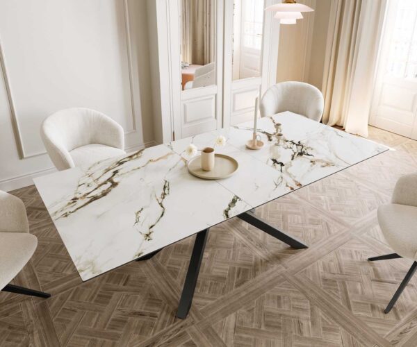 Jedálenský stôl Edge 180-220x100 keramický Calacatta Luxe bielo-zlato-šedý krížová podstava štvorcová čierna skladacia - Image 6