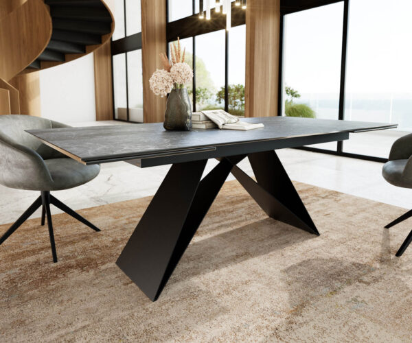 Jedálenský stôl Edge 200-300x100 keramický Laminam®Nero Greco antracitový Podstavec v tvare V plochý oceľový čierny skladací - Image 4