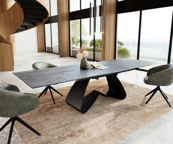 Jedálenský stôl Edge 200-300x100 keramický Laminam®Nero Greco antracitový Podstavec v tvare W čierny skladací - Image 5