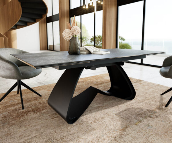 Jedálenský stôl Edge 200-300x100 keramický Laminam®Nero Greco antracitový Podstavec v tvare W čierny skladací - Image 4