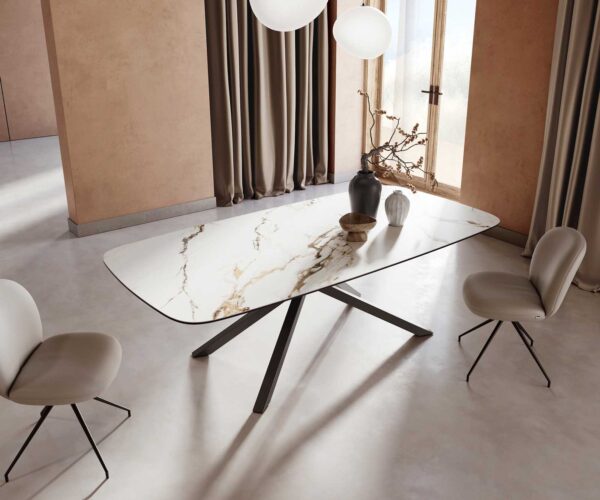 Jedálenský stôl Edge oválny 240x120 keramický Calacatta Luxe bielo-zlato-šedý krížový podstavec štvorcový čierny - Image 5