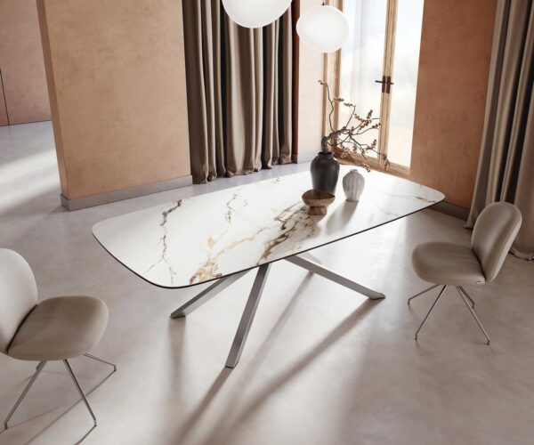 Jedálenský stôl Edge oválny 240x120 keramický Calacatta Luxe bielo-zlato-šedý krížový podstavec štvorcový z nerezovej ocele - Image 5
