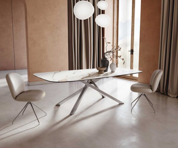 Jedálenský stôl Edge oválny 240x120 keramický Calacatta Luxe bielo-zlato-šedý krížový podstavec štvorcový z nerezovej ocele - Image 2