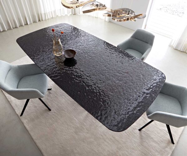 Jedálenský stôl Edge oválny 240x120 reliéfne sklo dymovo čierne 3D dizajn krížová podnož plochá oceľ nerezová oceľ - Image 6