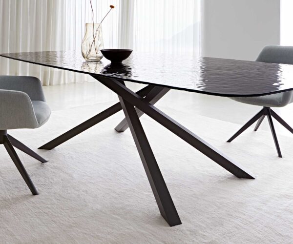 Jedálenský stôl Edge ovál 240x120 reliéfne sklo dymová čierna 3D dizajn krížová podstava štvorcová čierna - Image 7