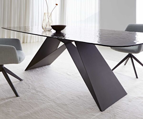 Jedálenský stôl Edge oválny 240x120 reliéfne sklo dymovo čierne 3D dizajn podstavec v tvare V plochá oceľ čierna - Image 7
