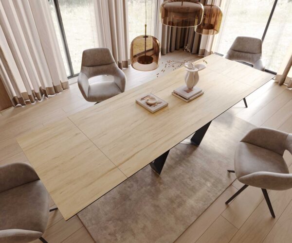 Jedálenský stôl Edge 200-300x100 keramický Laminam® Sabbia vo farbe dub plochý oceľový podstavec čierny skladací - Image 6