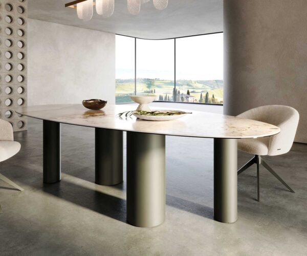 Jedálenský stôl 280x130 keramika Minas Melange bielo-béžová podstava kovový efekt titánová povrchová úprava - Image 6