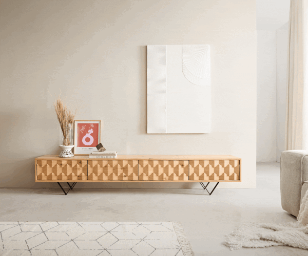 TV stolík Fevo 220 cm prírodný dub 4 dvierka podstavec v tvare V kov čierny - Image 4