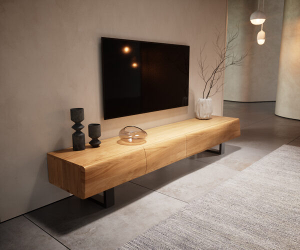 Nový TV stolík Live-Edge 200 cm prírodný dub 4 dvierka tenká podstava kov čierna - Image 2