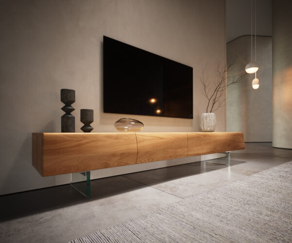 Nový TV stolík Live-Edge 200 cm prírodný dub 4 dvierka sklenený podstavec - Image 3