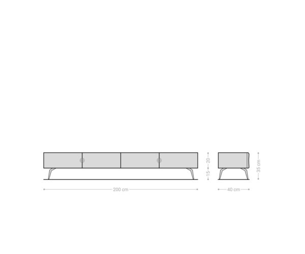 Nový TV stolík Live-Edge 200 cm prírodný dub 4 dvierka šikmá podstava kov čierna - Image 7