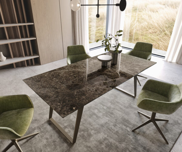 Jedálenský stôl Edge 200x100 keramický Laminam® Emperador Extra Lucidato tmavohnedý titánový šikmý podstavec - Image 2