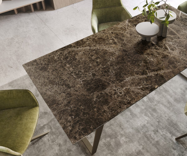Jedálenský stôl Edge 200x100 keramický Laminam® Emperador Extra Lucidato tmavohnedý titánový šikmý podstavec - Image 5