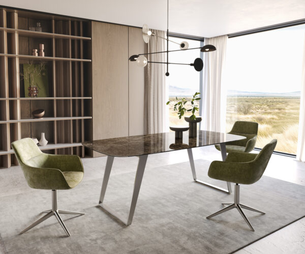 Jedálenský stôl Edge ovál 200x100 keramický Laminam® Emperador Extra Lucidato tmavohnedý nerezový štvorec - Image 6