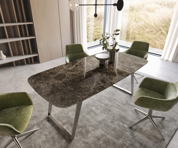 Jedálenský stôl Edge ovál 200x100 keramický Laminam® Emperador Extra Lucidato tmavohnedý nerezový štvorec - Image 2