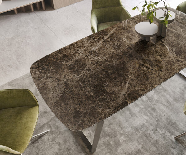 Jedálenský stôl Edge ovál 200x100 keramický Laminam® Emperador Extra Lucidato tmavohnedý nerezový štvorec - Image 5