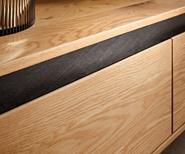 TV stolík Stonegrace 240 cm prírodný dub 4 dvierka podstavec oválny nerezový - Image 6