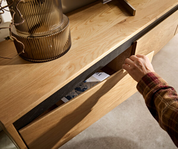 TV stolík Stonegrace 240 cm prírodný dub 4 dvierka podstavec oválny nerezový - Image 5