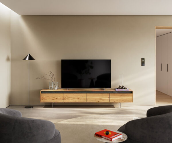 TV stolík Stonegrace 240 cm prírodný dub 4 dvierka podstavec oválny nerezový - Image 2