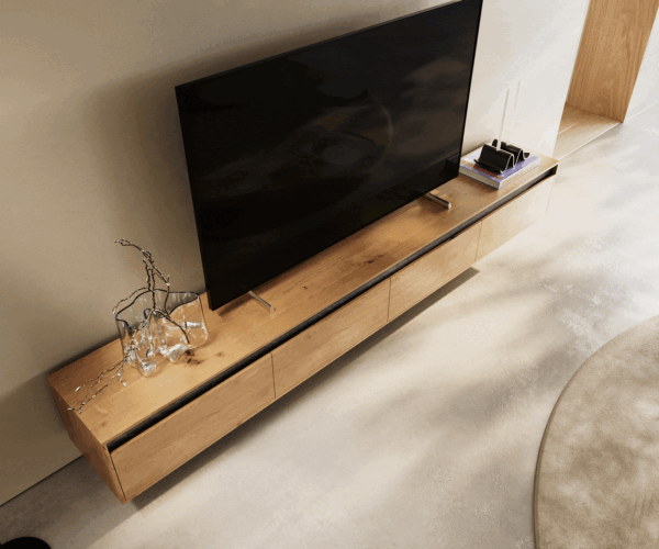 TV stolík Stonegrace 240 cm prírodný dub 4 dvierka nástenný - Image 4