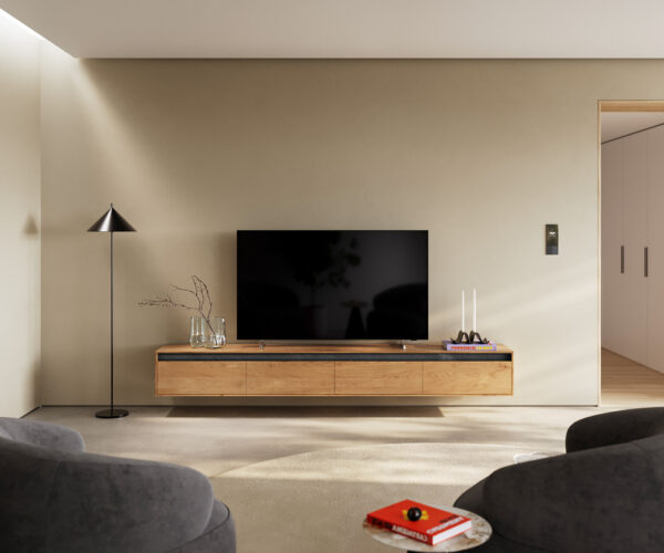 TV stolík Stonegrace 240 cm prírodný dub 4 dvierka nástenný - Image 2