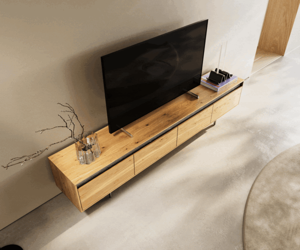 TV stolík Stonegrace 200 cm prírodný dub bridlica 4 zásuvky podstavec oválny nerezový - Image 4