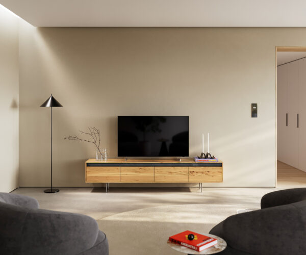 TV stolík Stonegrace 200 cm prírodný dub bridlica 4 zásuvky podstavec oválny nerezový - Image 2