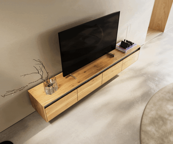 TV stolík Stonegrace 200 cm prírodný dub bridlicový 4 zásuvky nástenný - Image 4