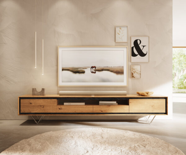 TV stolík Stonegrace 240 cm prírodný dub 2 dvierka 1 priehradka 2 zásuvky kamenná dýha podstavec v tvare V nerezová oceľ - Image 2