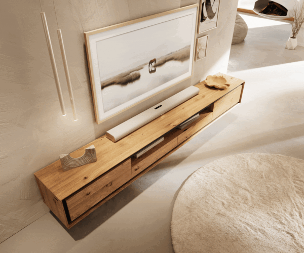Stonegrace 240 cm TV stolík prírodný dub 2 dvierka 1 priehradka 2 zásuvky kamenná dyha nástenný - Image 4
