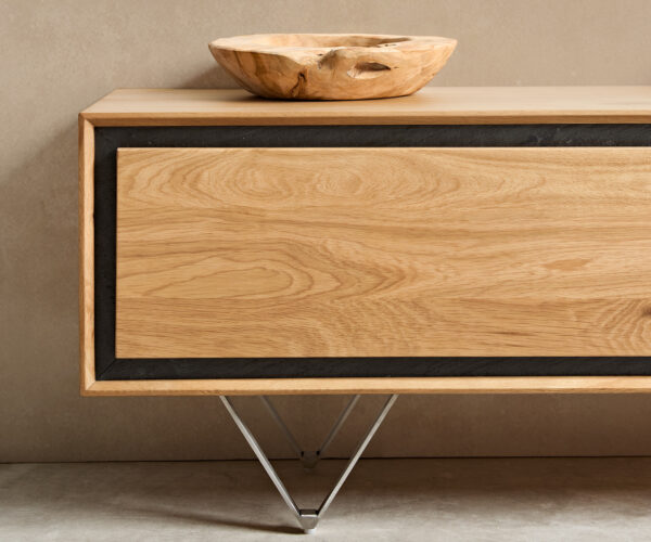 Stonegrace TV stolík 200 cm prírodný dub 4 dvierka kamenná dyha podstavec v tvare V nerezová oceľ - Image 6