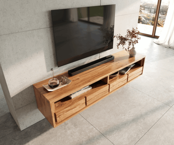 TV stolík Live-Edge 190 cm akácia prírodná 4 zásuvky nástenný - Image 4