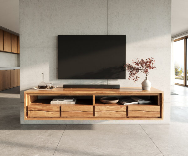 TV stolík Live-Edge 190 cm akácia prírodná 4 zásuvky nástenný - Image 2