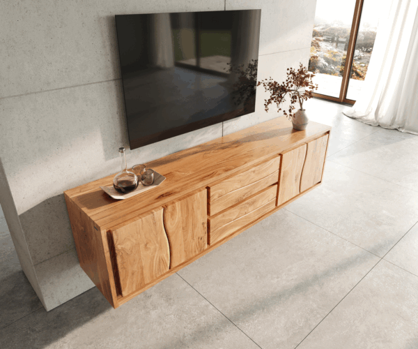 TV stolík Live-Edge 200 cm akácia prírodná 4 dvierka 2 zásuvky nástenný - Image 4
