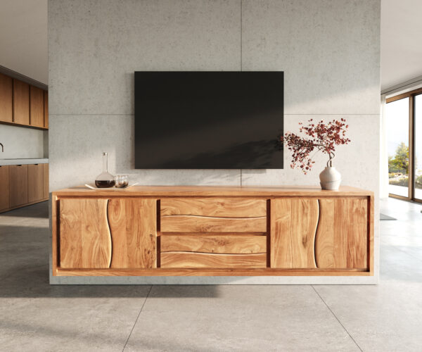 TV stolík Live-Edge 200 cm akácia prírodná 4 dvierka 2 zásuvky nástenný - Image 2