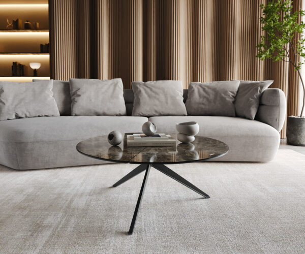Delron konferenčný stolík 90x90 cm keramický Laminam®Emperador Extra Lucidato tmavohnedý krížová podnož plochá kovová čierna - Image 2