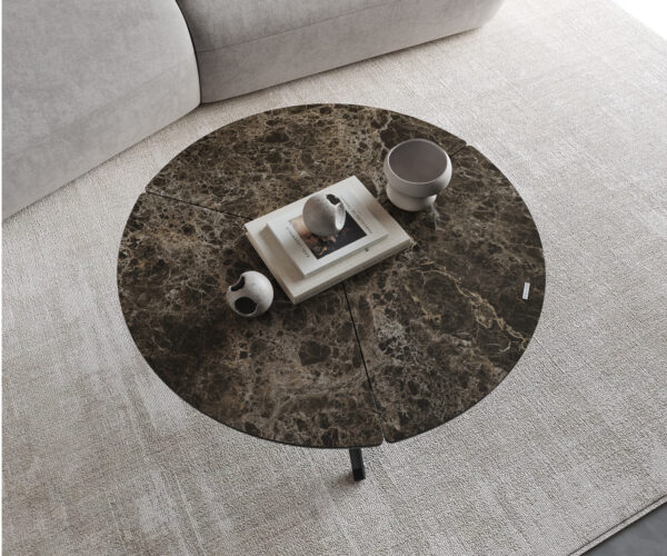 Delron konferenčný stolík 90x90 cm keramický Laminam®Emperador Extra Lucidato tmavohnedý krížová podnož plochá kovová čierna - Image 4