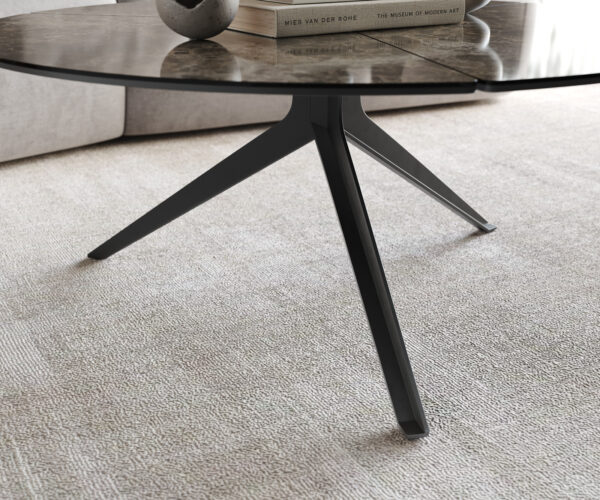 Delron konferenčný stolík 90x90 cm keramický Laminam®Emperador Extra Lucidato tmavohnedý krížová podnož plochá kovová čierna - Image 6