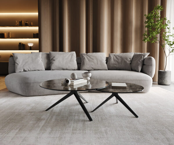 Delron konferenčný stolík 90x90 cm keramický Laminam®Emperador Extra Lucidato tmavohnedý krížová podnož plochá kovová čierna - Image 7