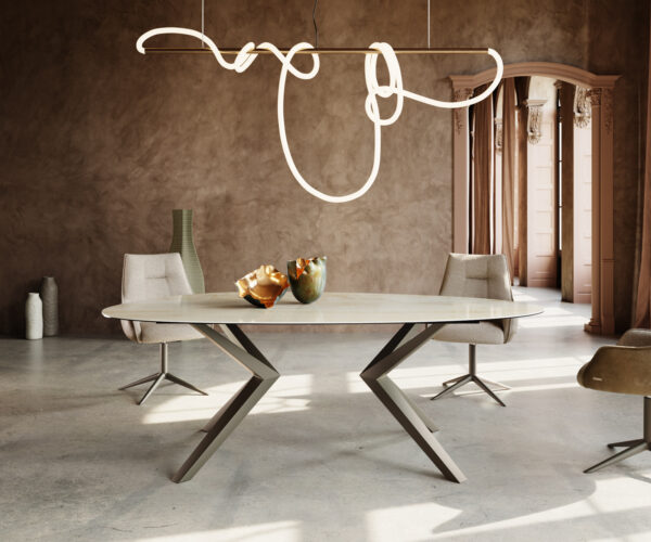 Jedálenský stôl Edge oválny 220x120 keramický Iris FmG Onice Oro Zenthara štvorcový kovová podnož titánová - Image 2
