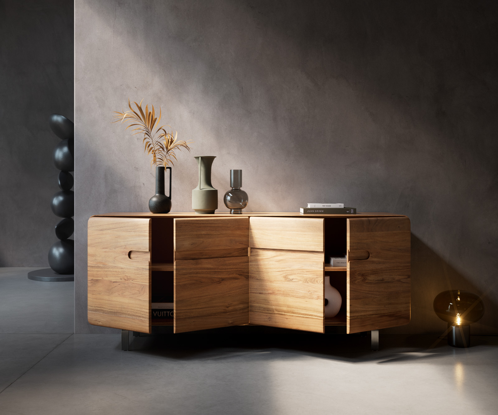 Komoda Anaya 175 cm akácia prírodná 4 dvierka podstava v tvare L nerezová oceľ - Image 5