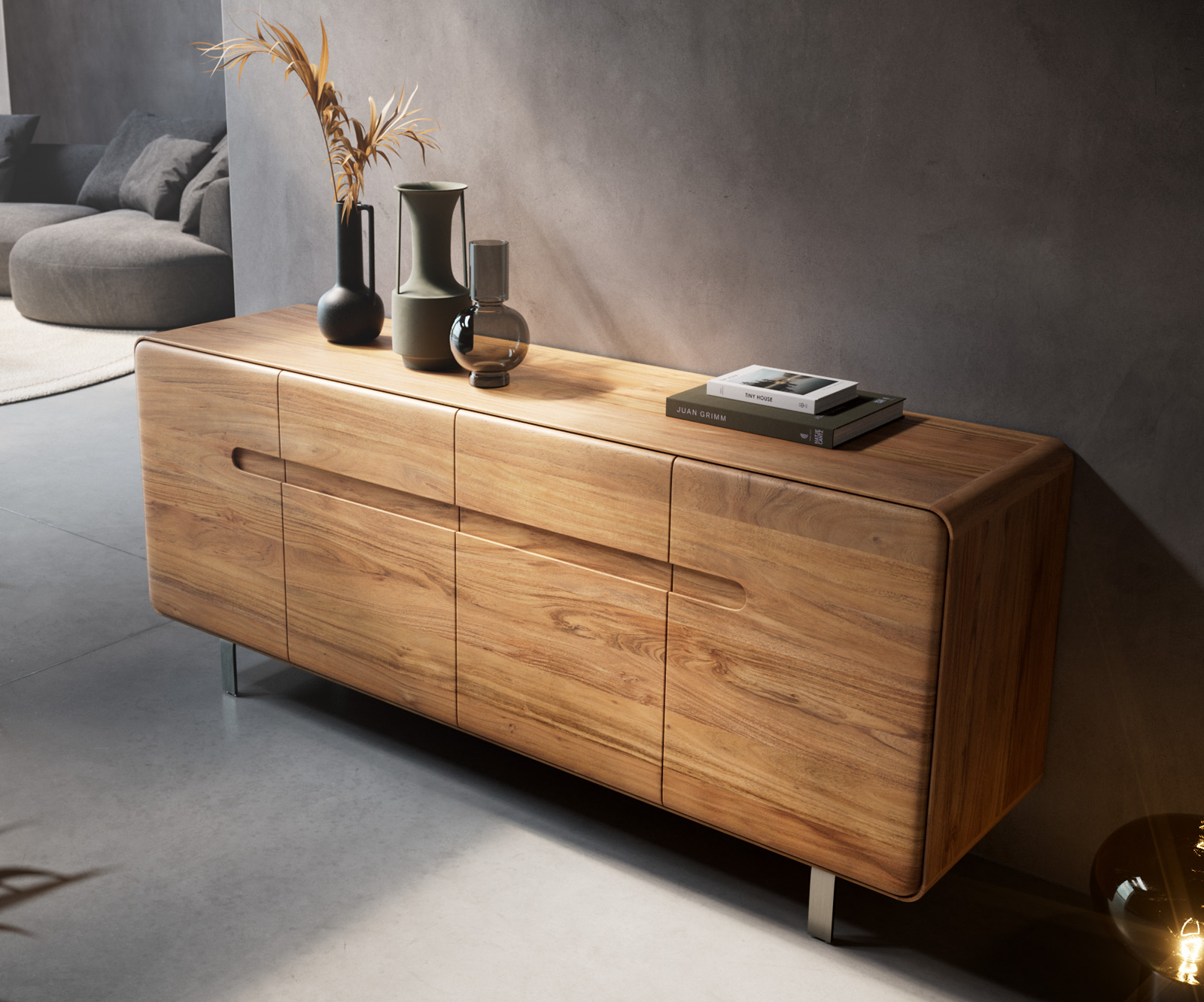 Komoda Anaya 175 cm akácia prírodná 4 dvierka podstava v tvare L nerezová oceľ - Image 4