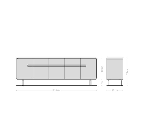 TV stolík Anaya 220 cm akácia prírodná 4 dvierka 2 zásuvky podstava v tvare L nerezová oceľ - Image 10