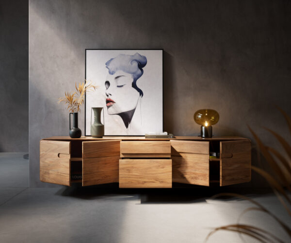 Anaya TV stolík 220 cm akácia prírodná 4 dvierka 2 zásuvky plávajúce - Image 5