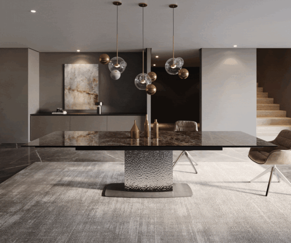 Hrana jedálenského stola 200-300x100 Keramický Laminam® Emperador Extra Lucidato Tmavohnedá vlna Nerezová pohovka - Image 2