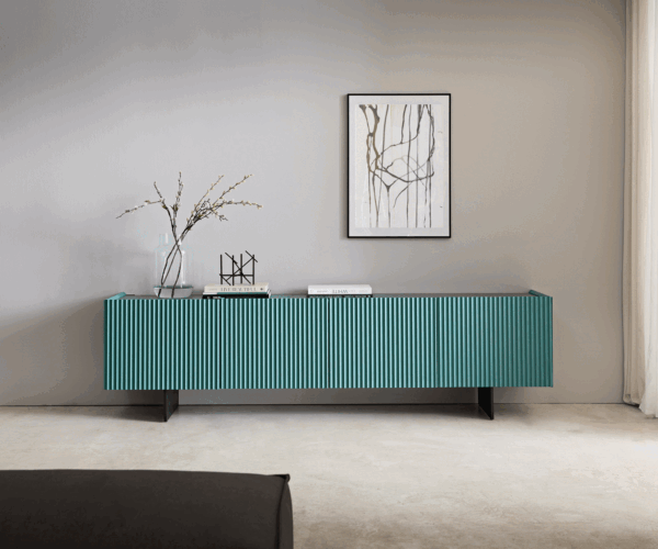 TV stolík Kelani 200 cm modrý 4 dvierka podstavec kov čierny - Image 2